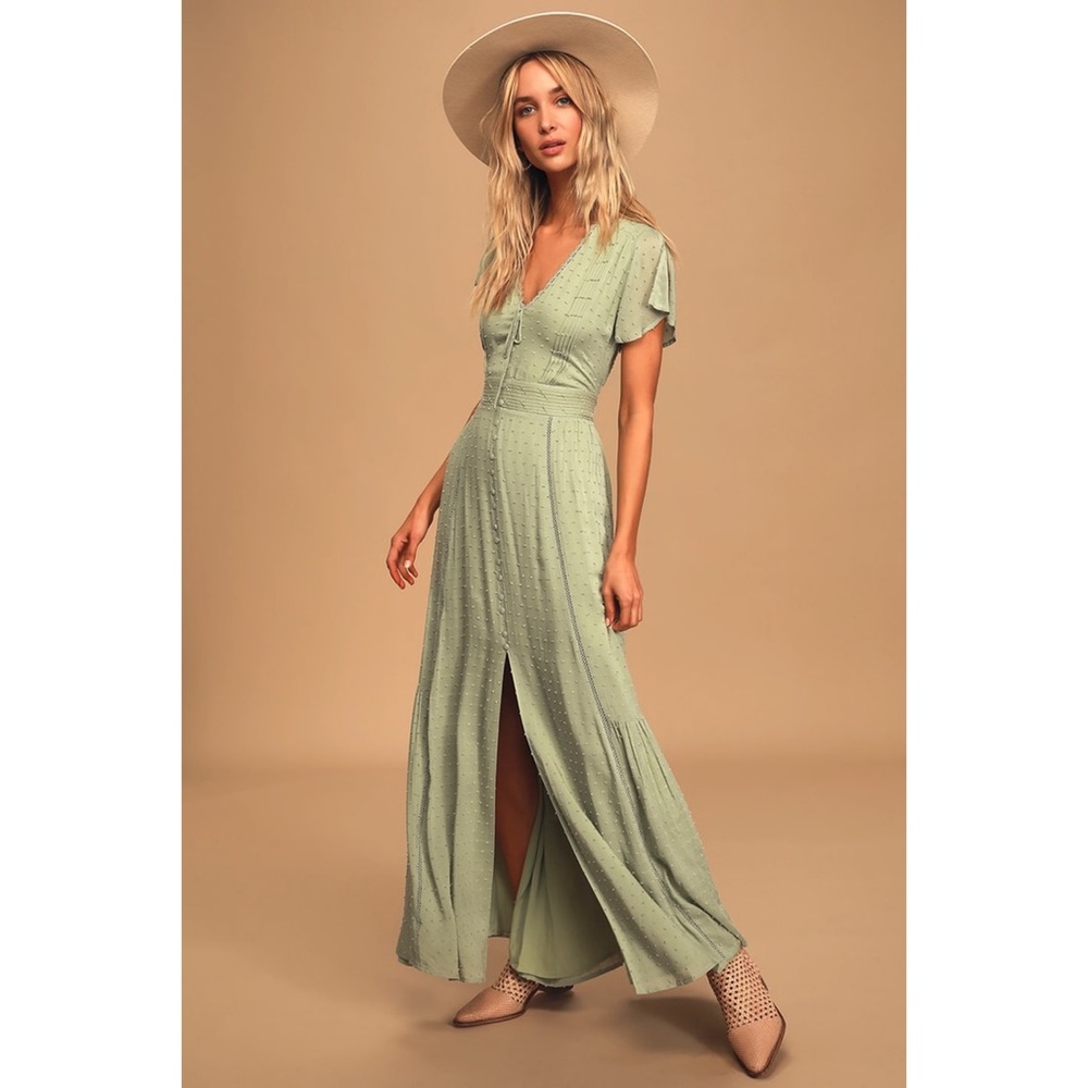 Lulus Completely in Love Maxi Green Swiss Dot Dress